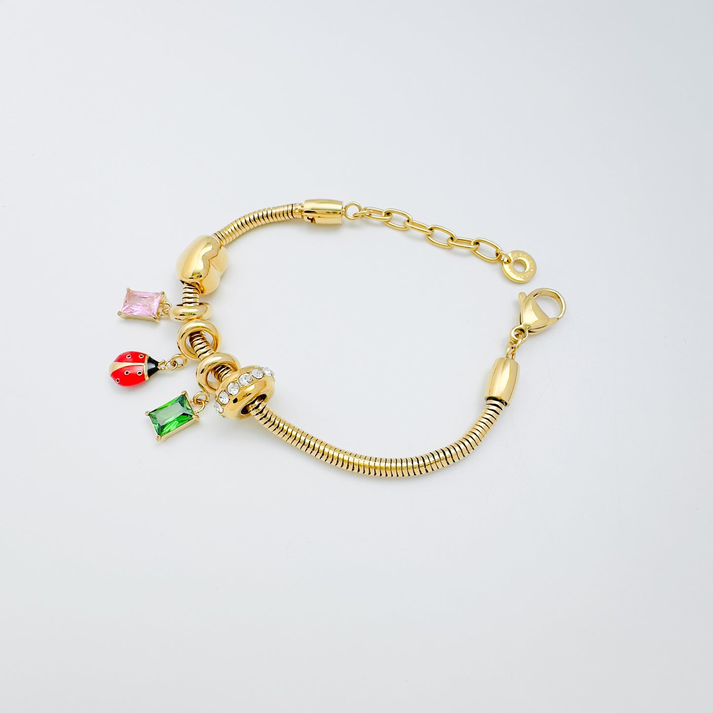 Zirconia Square Charm in Gold Tone – Green & Pink