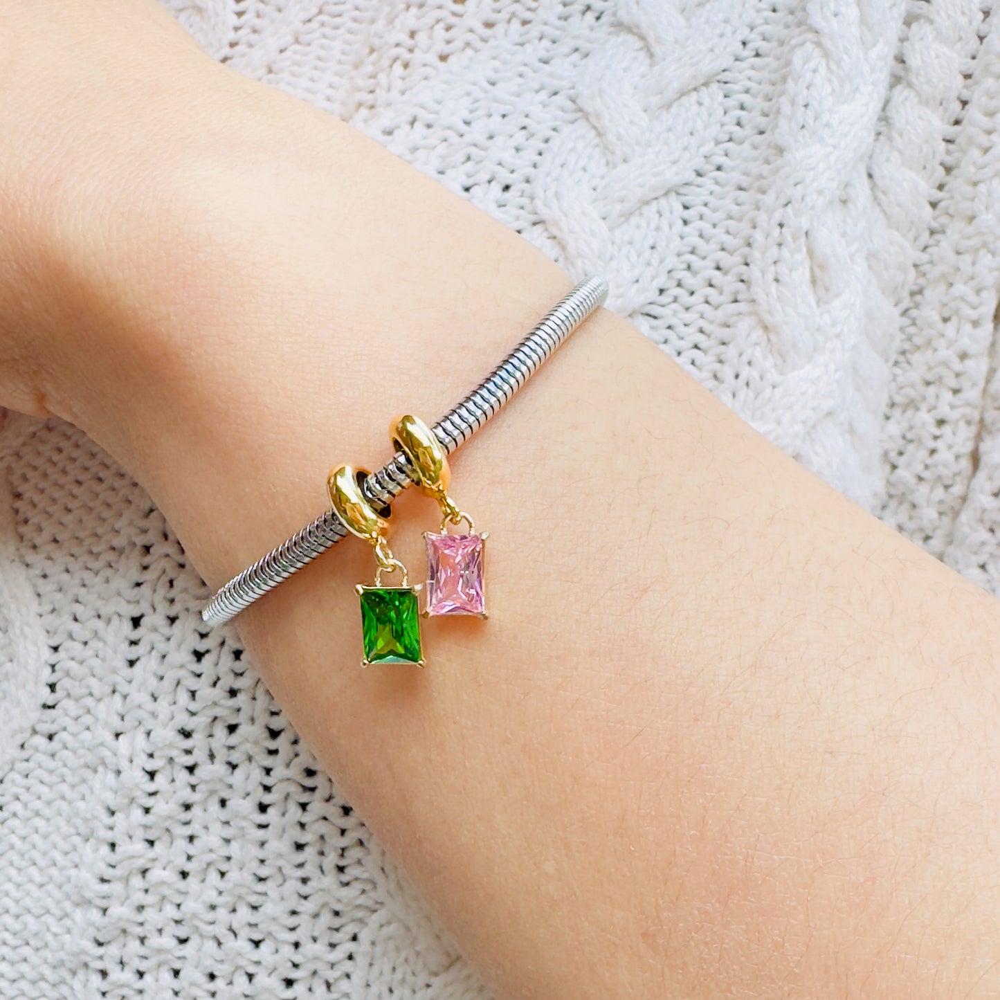 Zirconia Square Charm in Gold Tone – Green & Pink