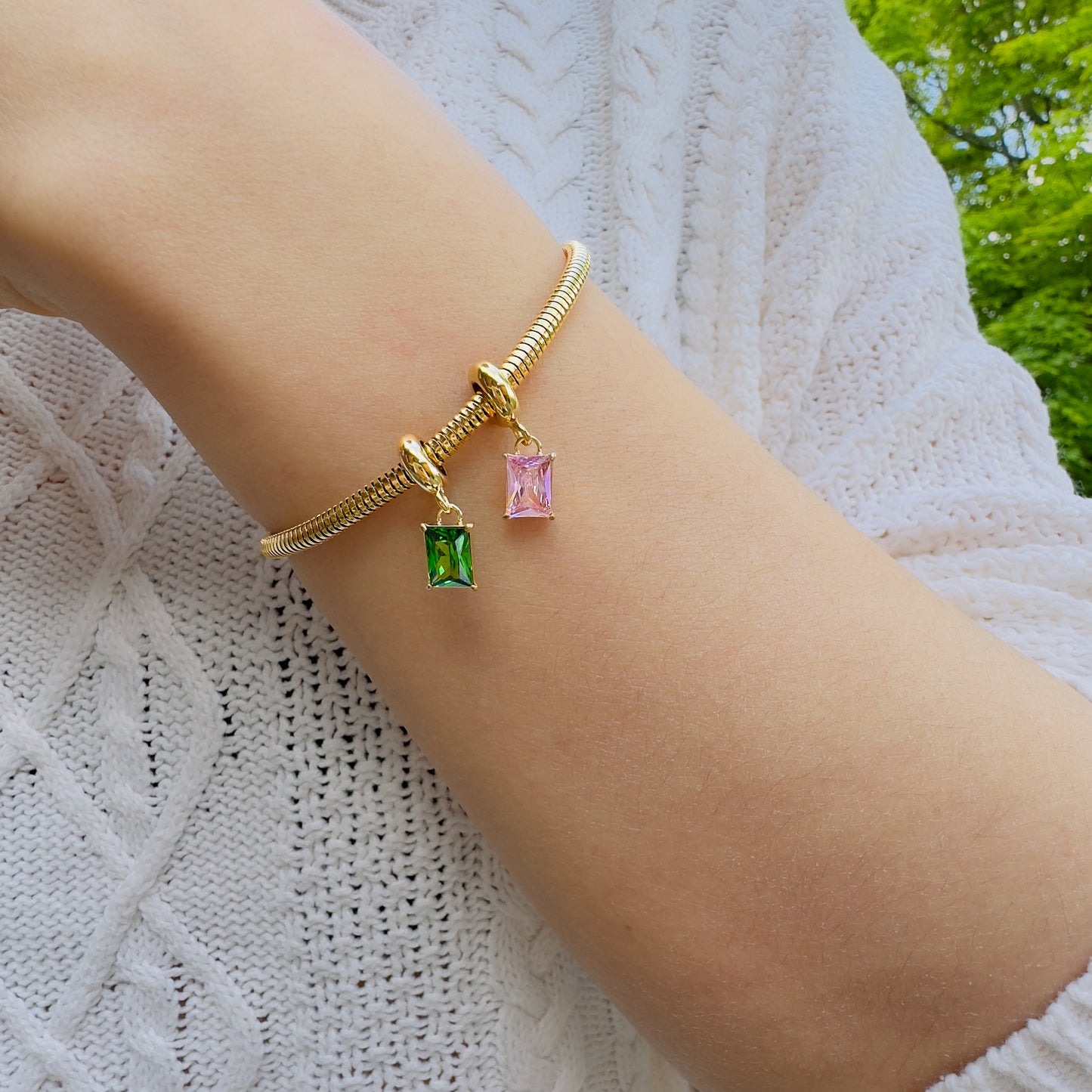 Zirconia Square Charm in Gold Tone – Green & Pink